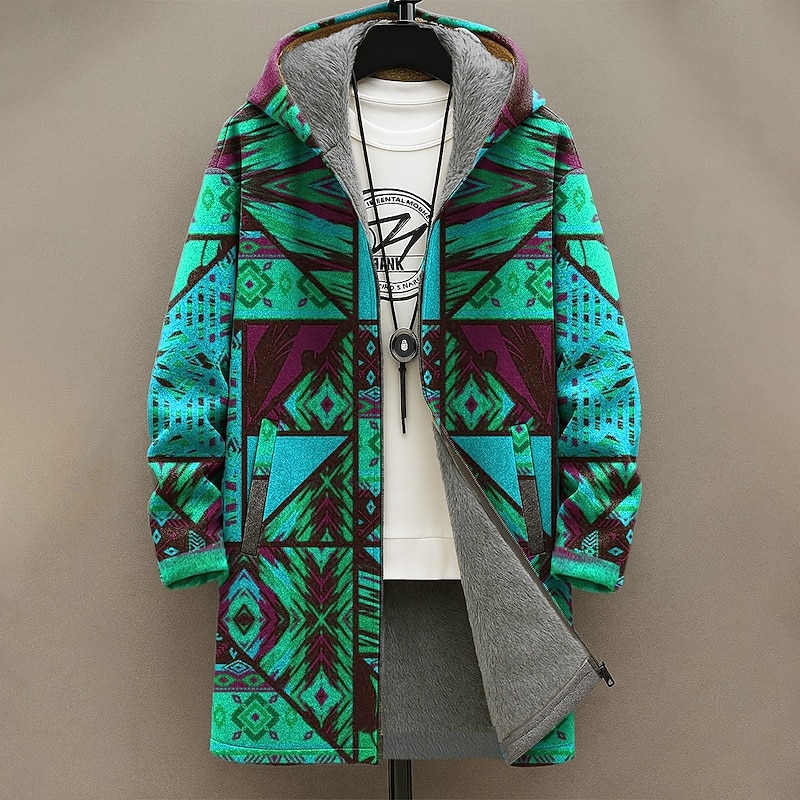 Men's Geometric Winter Coat Fleece Jacket Coat Thermal Warm Comfortable Casual Daily Wear Zipper Pocket 3D Print Fall Winter Hooded Long Sleeve Red Blue Green3