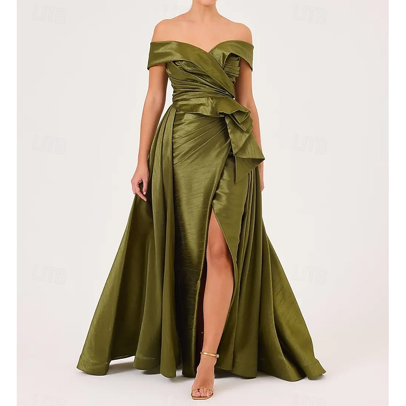 Off Shoulder Formal A-Line Evening Gown Stretch Tafetta Celebrity Style Dress Formal Wedding Floor Length Sleeveless  with Pleats Ruched Ruffles Slits2