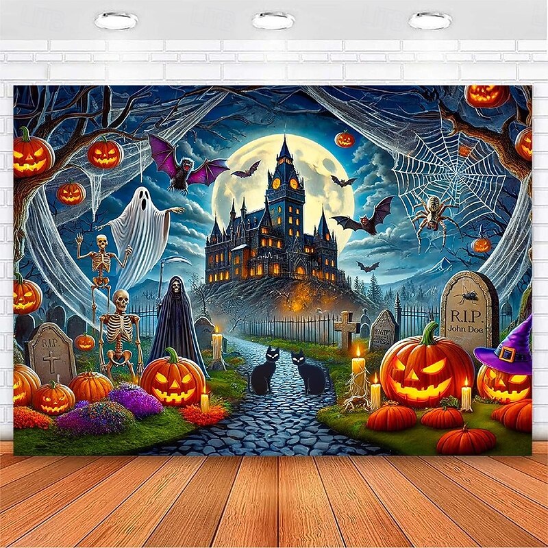 Halloween Haunted Castle Tapestry – Spooky Pumpkin Ghost Bat Graveyard Wall Art Backdrop, Gothic Horror Large Hanging Mural Blanket Curtain for Bedroom Living Room Home Decoration