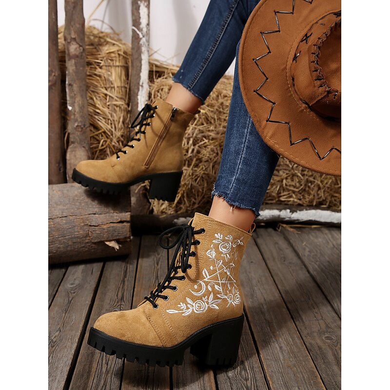 Women's Tan Suede Lace - Up Ankle Boots with Floral Embroidery, Block Heel Combat Boots for Casual & Party Wear2