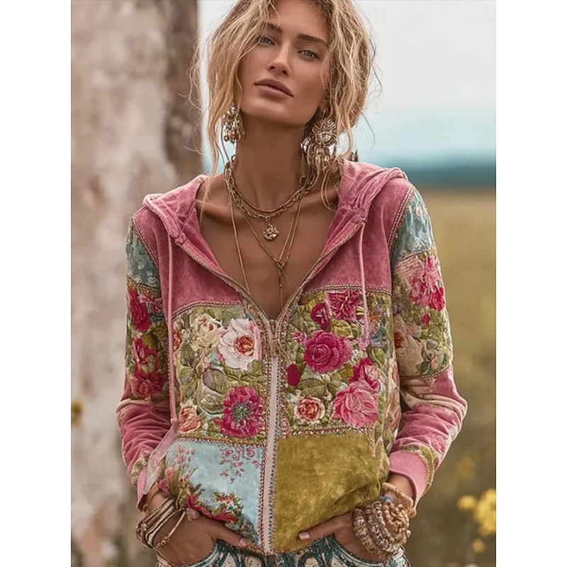 Women's 3D Print Vintage Boho Hoodie Patchwork Hoodie Sweatshirt Floral Zip Up s Floral Punk Active Vintage Long Sleeve Hooded  Home Dailywear Casual Patchwork Pink Dark Pink Purple Beige Fall Winter4