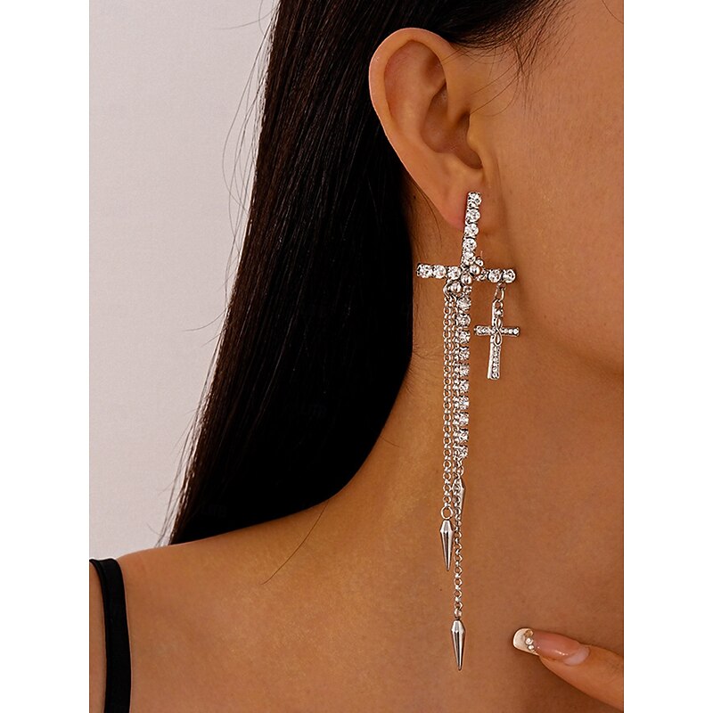 Women's Rhinestone Cross Dangle Earrings - Gothic Punk Long Chain Spike Drop Earrings for Party, Nightclub and Concert Outfits2