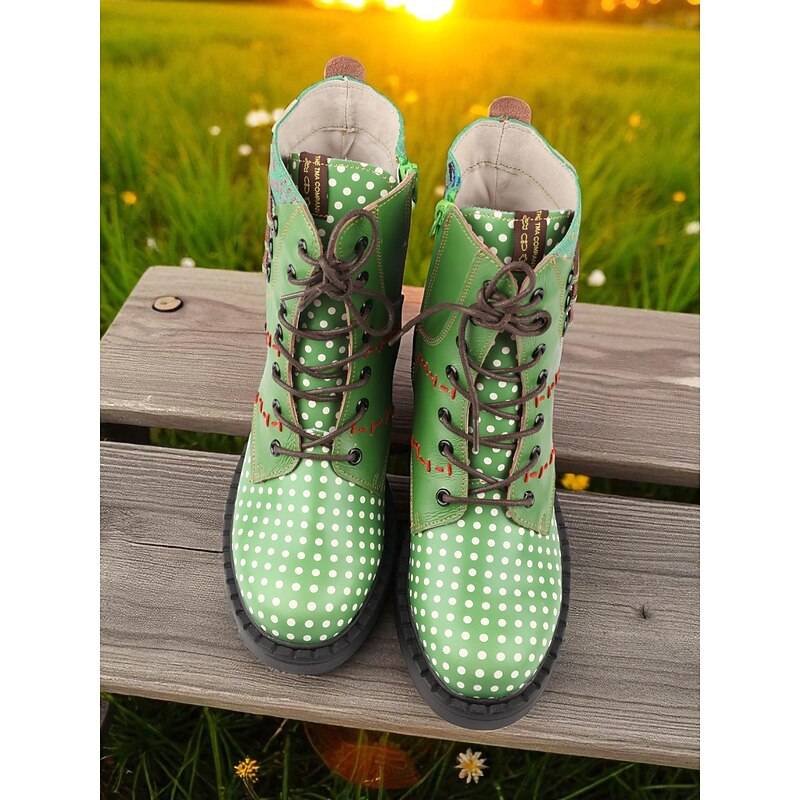 Women's Green Polka Dot Leather Lace-Up Ankle Boots with Colorful Patchwork Design, Comfortable Flat Heel Casual Outdoor Footwear4