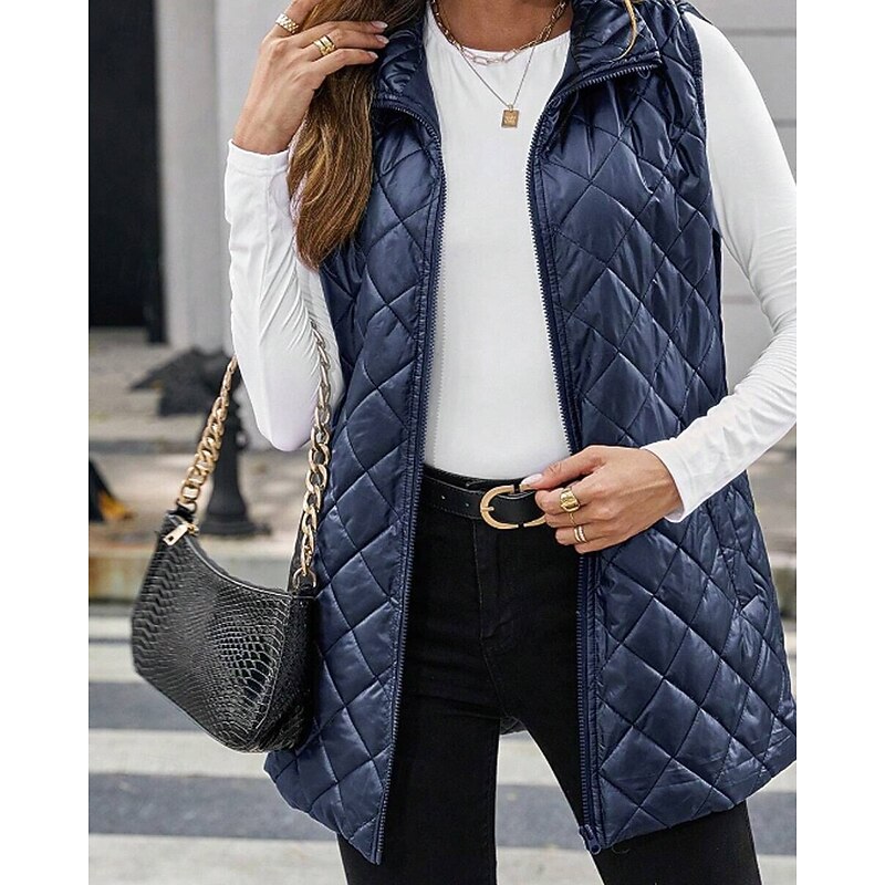 Women's Vest Warm Comfortable Zipper Pocket Casual Plain Going out Weekend Zipper Long Turndown Regular Fit Sleeveless Outerwear Navy Black Brown Fall Winter4