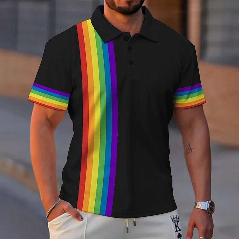 Men's Rainbow Polo Shirts Golf Shirt Short Sleeve Polo Shirts Collared Shirts Business Casual Vacation Wear Formal Wear Festival Wear 3D Print Buttons Black White Blue