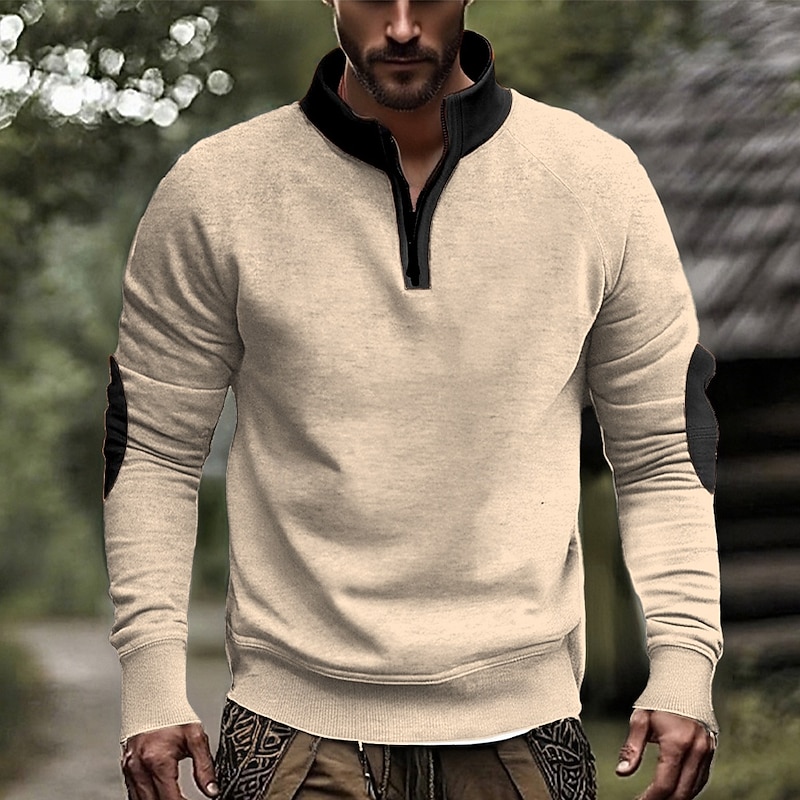 Men's Sweatshirt Quarter Zip Sweatshirt Apricot Black Navy Blue Camel Light Grey Half Zip Color Block Patchwork Sports & Outdoor Daily Holiday Polyester Streetwear Basic Casual Spring Fall Clothing4