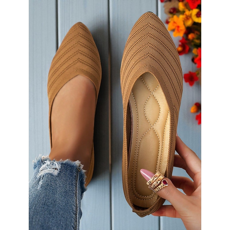 Women's Light Brown Pointed-Toe Flyknit Flats – Breathable Chevron Knit Ballet Shoes for Garden Parties, Office and Spring Fashion2