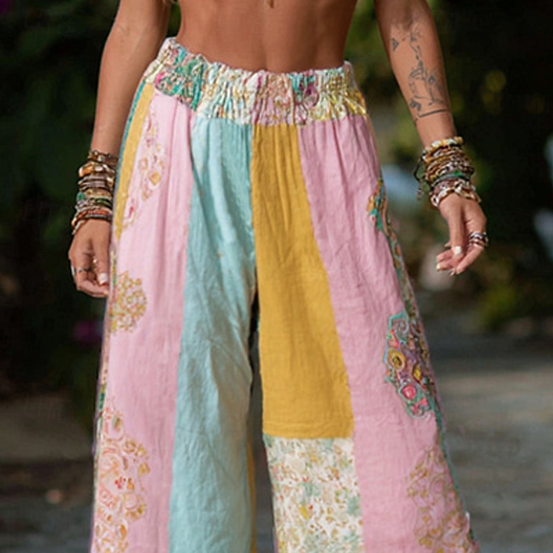 Women's Wide Leg Pants Trousers Palazzo Pants Vintage Boho Full Length High Waist Flower Elastic Waist Printing Breathability Comfortable Street Daily Wear Going out Pink Spring Fall Regular Fit2