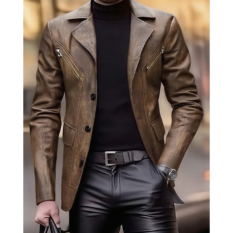 Men's Faux Leather Jacket Faux Leather Blazer Biker Jacket Vacation Daily Windproof Warm Pocket Spring Fall Plain Fashion Classic Lapel Regular Faux Leather Black Coffee Jacket