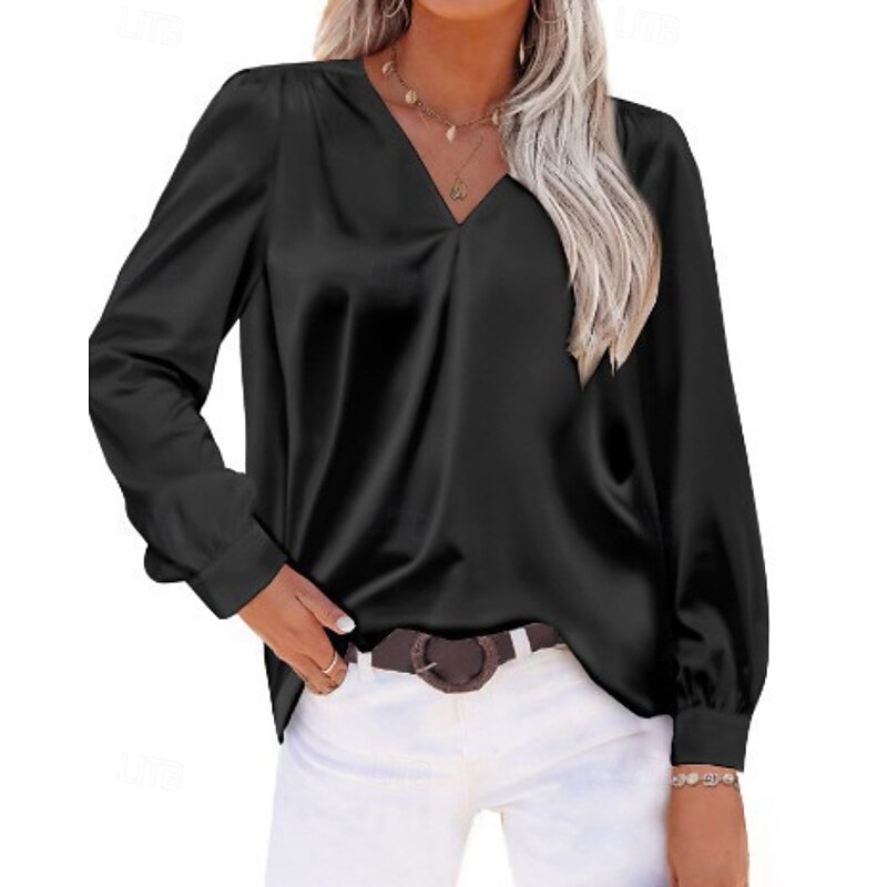 Women's Shirt Blouse Plain Modern Casual Satin Long Sleeve V Neck Regular Tops Holiday Going out Ruched Black Wine Green Apricot Fall3