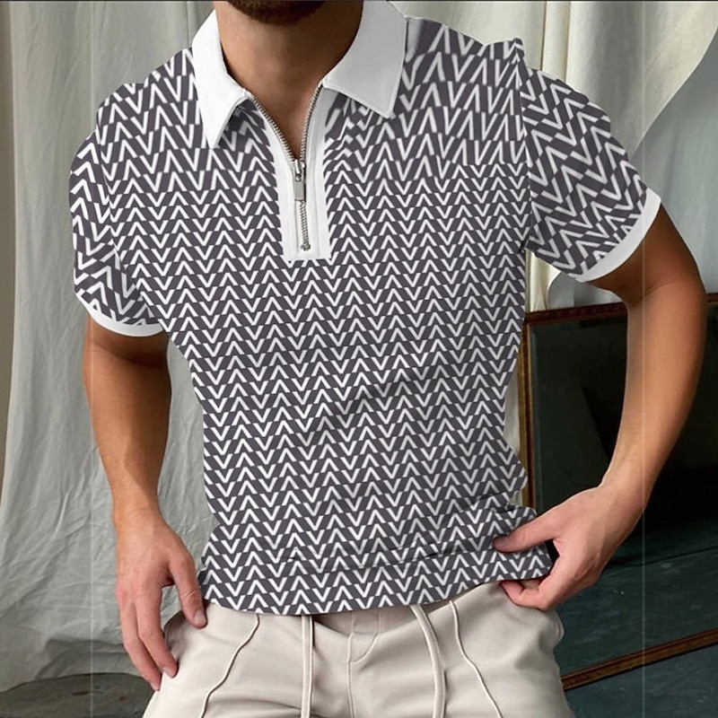 Men's Graphic Zip Polo Short Sleeve Turndown Casual Daily Athleisure Casual Daily Zipper Summer Black Green Brown2