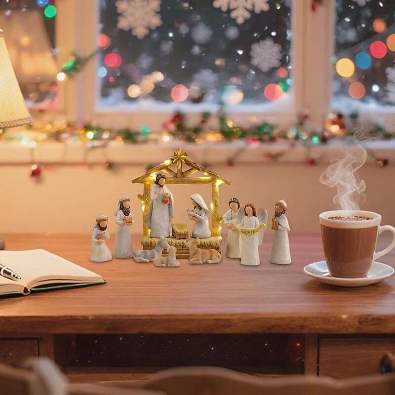 12pcs/set Christmas Nativity Figurines Resins Manger Holy Family Nativity Scene Statue for Xmases Indoor Home Table Decorations4