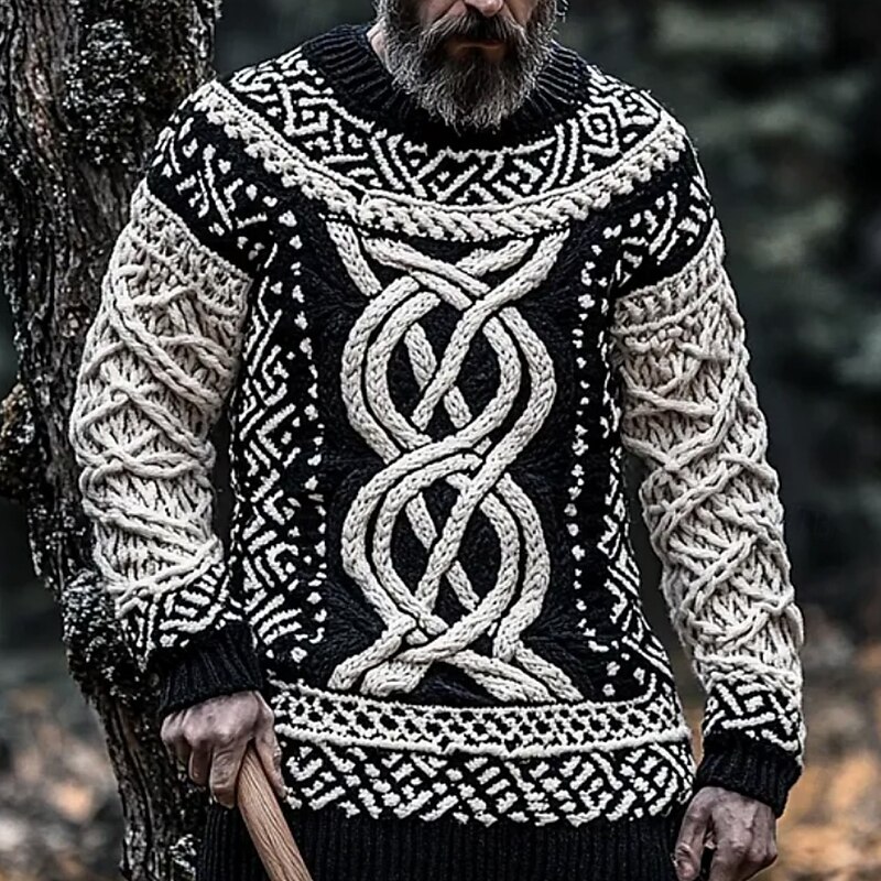 Men's Viking Pullover Sweater Jumper Knitwear Crewneck Retro Vintage Casual Daily 3D Print Knitting Keep Warm Long Sleeve Spring Fall Winter Black Red Green