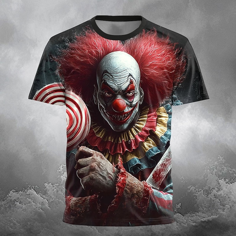 Halloween Men's Creepy Clown 3D Clown T Shirt Short Sleeve T shirt 3D Print Crew Neck Shirt Exaggerated Designer Horror Party Street Holiday Black 1 Black 2 Summer Spring Clothing Apparel S M L XL