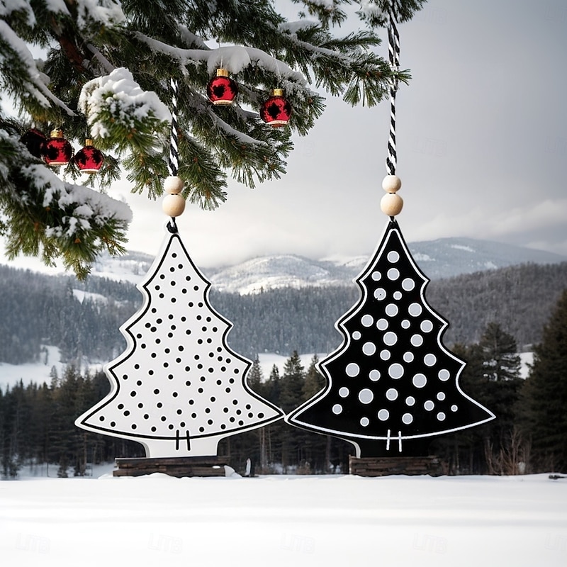 1/10PCS Christmas Tree Ornaments, Black and White Modern Hanging Decorations with Polka Dot Art Design, Waterproof PVC Xmas Decorations for Room, Home, and Indoor Holiday Decor