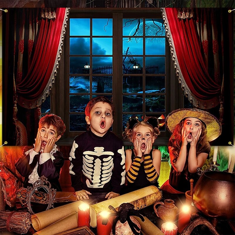 Halloween Window View WAall Tapestry Backdrop – Spooky Night Scene with Red Curtains, Jack-o'-Lanterns, Haunted Garden, Full Moon, Creepy Decor for Home Decoration, Party, Photography4