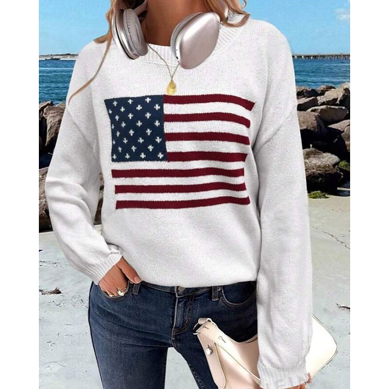 Women's Sweater Pullover Casual Star Striped Ribbed Crew Neck Knitted Print Long Sleeve Regular Tops Knit Outdoor Holiday Weekend White Gray Winter
