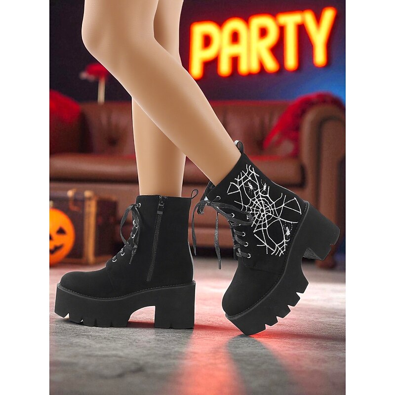 Women's Black Platform Combat Boots with Spider Web Embroidery - Gothic Lace-Up Chunky Heel Ankle Boots for Halloween Party, Cosplay and Night Out