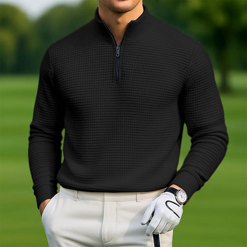 Men's Waffle Polo Shirts Sports Outdoor Casual Standing Collar Quarter Zip Long Sleeve Fashion Modern Solid Color Textured Knitted Spring &  Fall All Seasons Black White Blue Grey Waffle Polo Shirts4