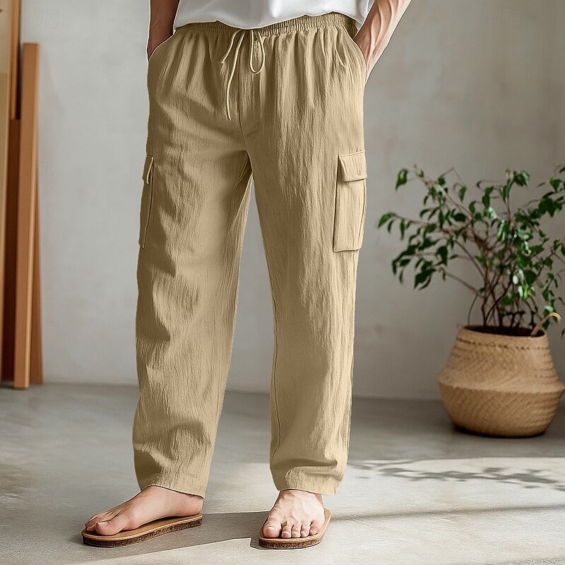 Men's Cargo Pants Trousers Summer Pants Beach Pants Drawstring Elastic Waist Multi Pocket Plain Comfort Soft Full Length Outdoor Daily Holiday Vacation Fashion Loose Fit Black White Inelastic3