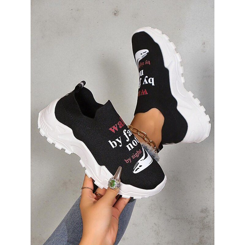 Women's Black Flyknit Slip-On Sneakers with Chunky White Sole and Inspirational "Walk by Faith Not by Sight" Print – Casual Comfort Shoes for Daily Wear and Walking4