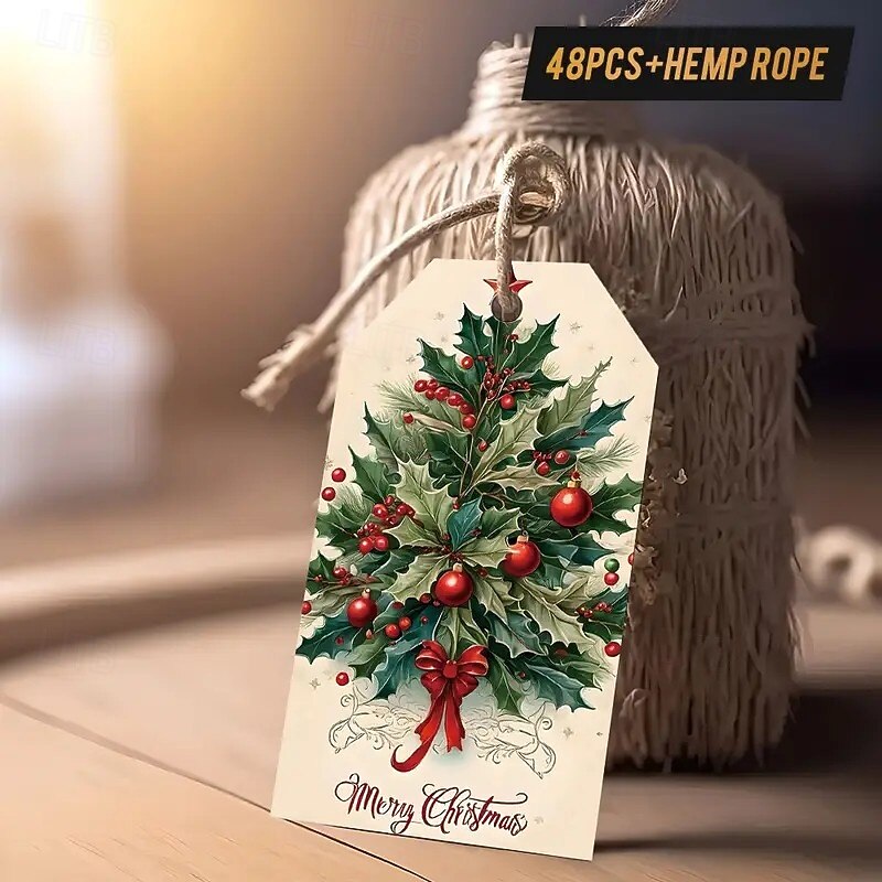 48PCS Vintage Christmas Gift Tags with Twine, Elegant Holiday Decorations for Home, Friends, and Office Gift Exchange, Classic Rustic Style for Christmas Wrapping, Party Decor, and Festive Accents4