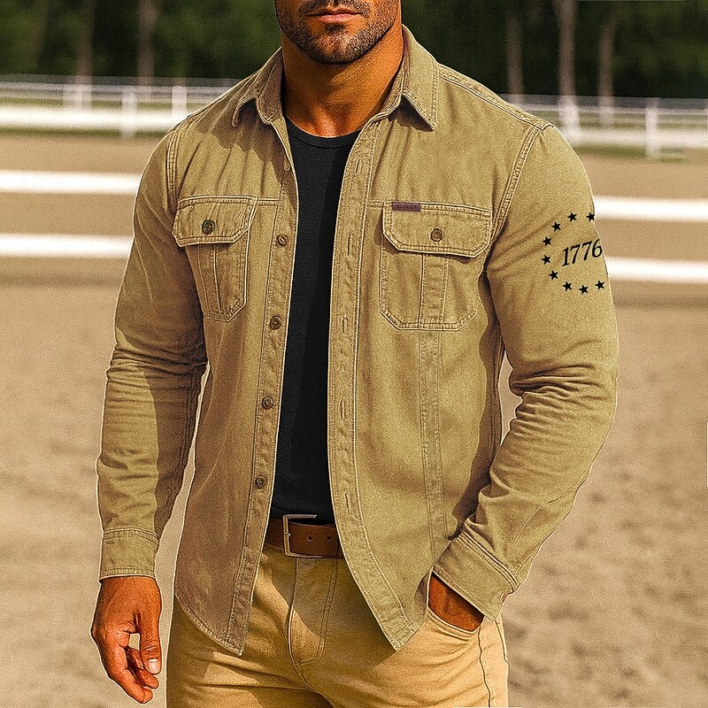 Men's Patriotic 1776 Work Shirt Western Shirt Cargo Shirt Long Sleeve Tactical Vintage Retro Sports Outdoor WorkWear Spring Fall Turndown Front Two Pockets Button Up Shirts Black Red Blue Orange Khaki4