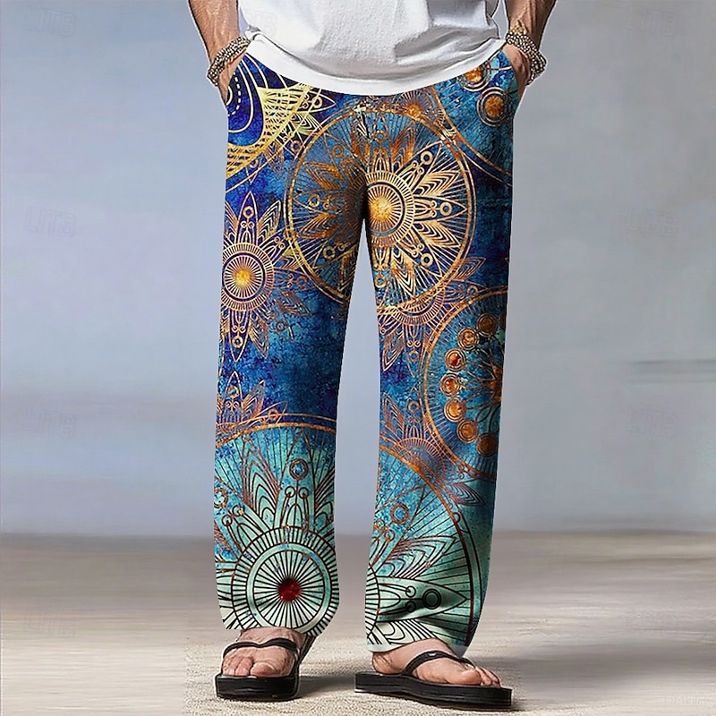 Men's Paisley Mandala Floral Print Pants Trousers Casual Pants Mid Waist Drawstring Elastic Waist Ethnic Bohemian Vintage Retro Outdoor Vacation Casual Straight Leg Trousers Spring Fall 3D Print Blue