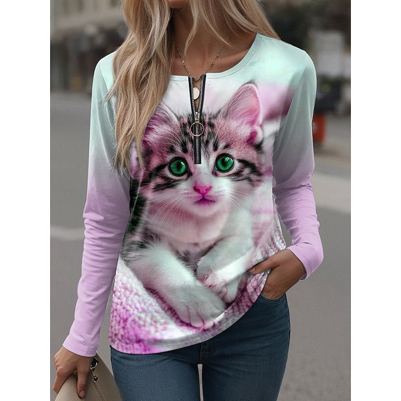 Women's T Shirt Graphic Animal Vintage Casual Long Sleeve Crew Neck Notched Neck Regular Tops Daily Weekend Zipper Print Pink Purple Green Spring Fall Winter2