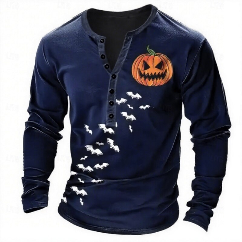 Men's Halloween Graphic Pumpkin T Shirt Henley Shirt Tee Long Sleeve Vintage Designer Stylish Outdoor Casual Daily Fall Spring & Summer Black White Navy Blue Dark Green Henley Henley T-Shirt4