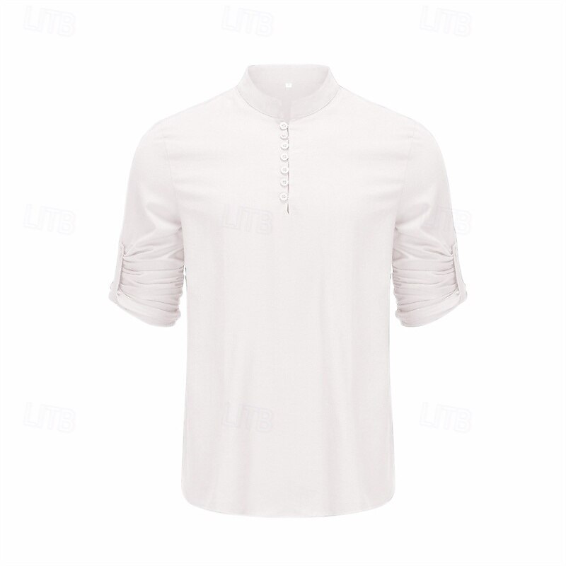 Men's Shirt Popover Shirt Summer Shirt Casual Shirt Beach Shirt Black White khaki Dark Blue Gray Long Sleeve Plain Band Collar Vacation Hawaiian Clothing Apparel Fashion Casual Comfortable2