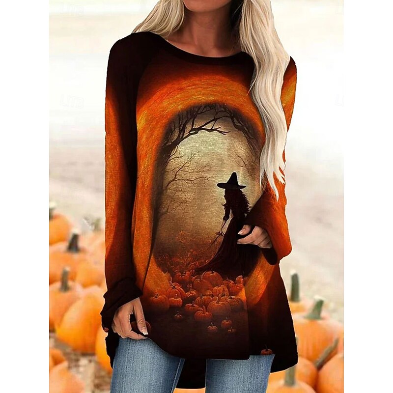 Halloween Women's T shirt Witch Long Sleeve Graphic Vintage Stylish Classic Long Sleeve Crew Neck Regular Tops Daily Print Black Yellow Red Orange Spring Fall Winter Prefall