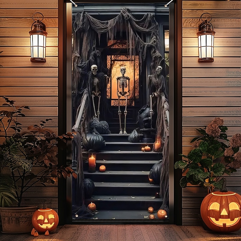 Halloween Door Cover Outdoor Banners Skeleton 3D Psychedelic Dark Punk Gothic Style Party Outdoor Shooting Backgrounds Front Door Wall Porch Home Decor