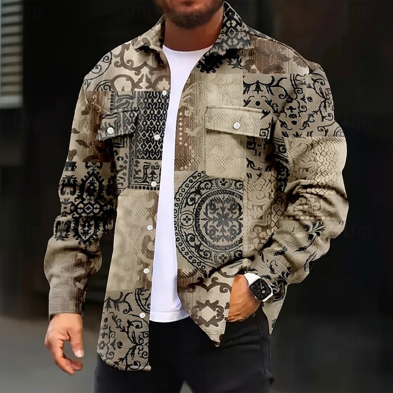 Men's Floral Print Ethnic Flowers Corduroy Shirt Shirt Jacket Overshirt Long Sleeve Vintage Retro Outdoor Dailywear Fall Winter Turndown Button-Down Warm Jacket with Flap Pockets Khaki