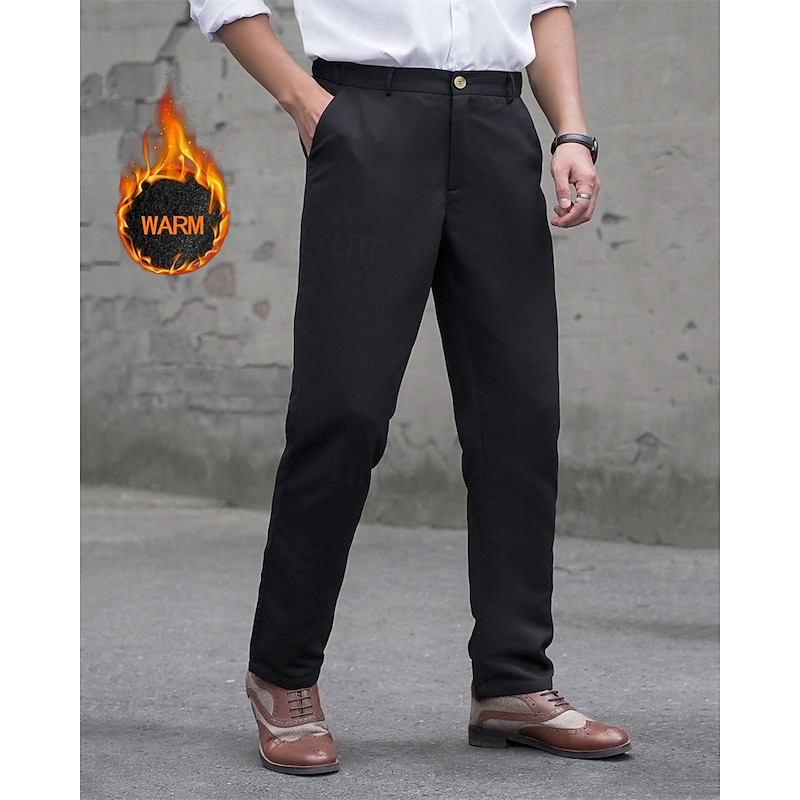 Men's Dress Pants Fleece Pants Trousers Chinos Slacks Pocket Buttons Plain Comfort Formal Party Work Fashion Classic Style Black Micro-elastic3