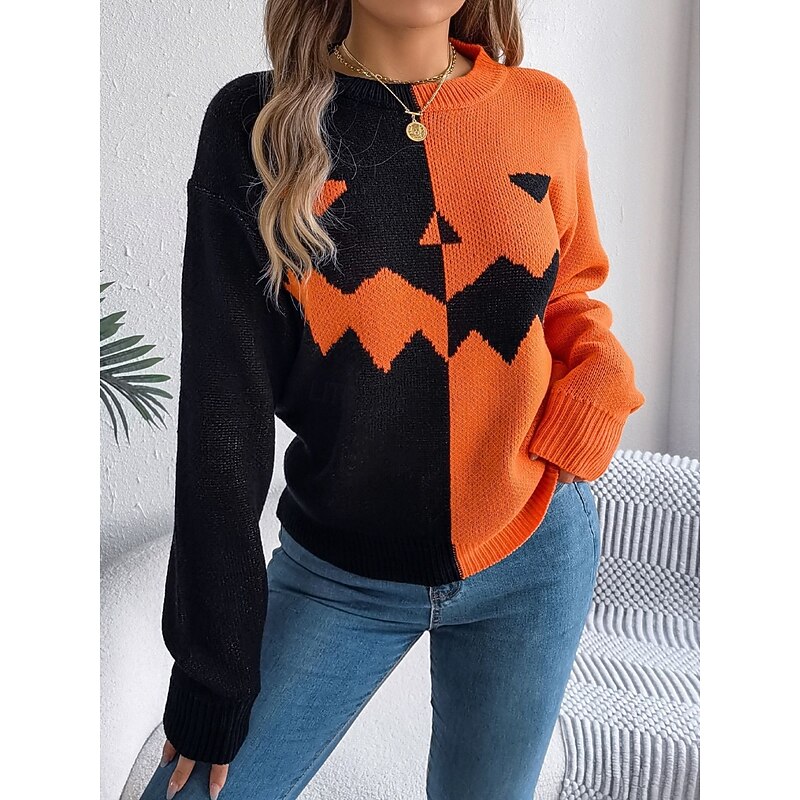 Halloween Women's Sweater Pumpkin Casual Soft Graphic Ribbed Crew Neck Knitted Long Sleeve Regular Tops Knit Orange Khaki Fall Winter Prefall