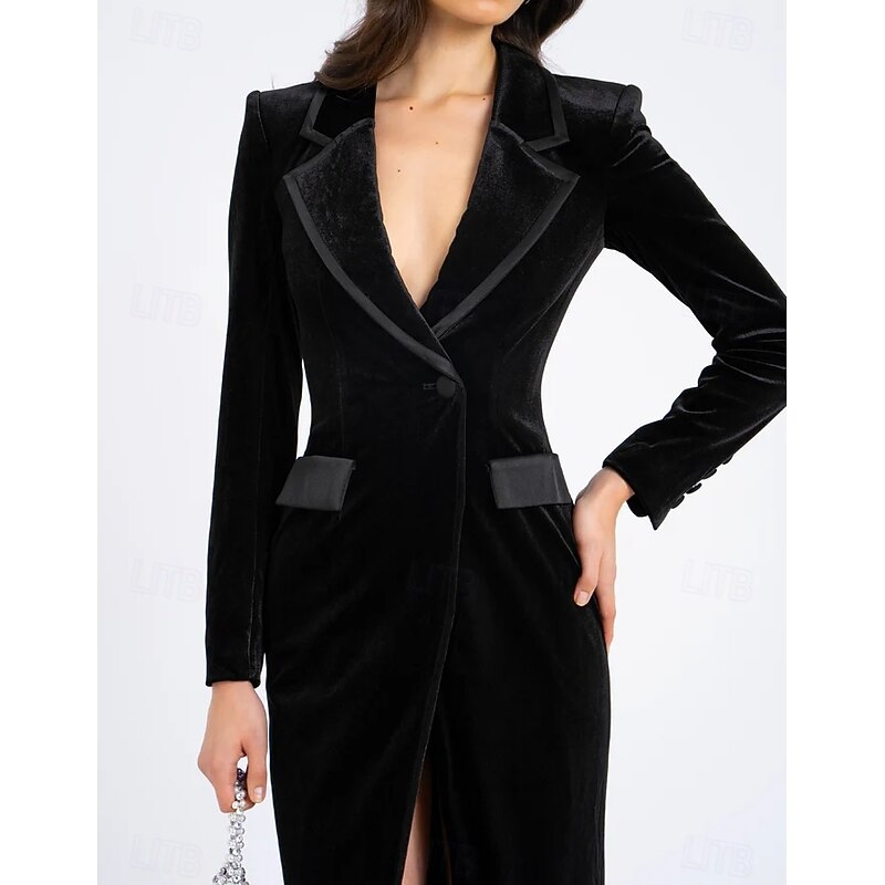 Black Velvet Tuxedo Dress Sheath / Column Formal Wedding Guest Velvet Elegant Long Sleeve Ankle Length Notched Lapels2