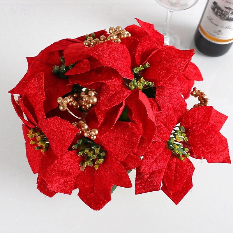 Christmas Artificial Poinsettia Potted Plant, Red Holiday Tabletop Decoration, Faux Floral Arrangement for Home, Restaurant, Bar, Christmas Wreath Accent3
