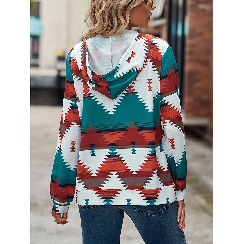 Women's Zip Up Hoodies Graphic Geometric Fashion Casual Long Sleeve Hooded Regular Tops Street Dailywear Zipper Pocket Print Pink Blue Gray Spring Fall2