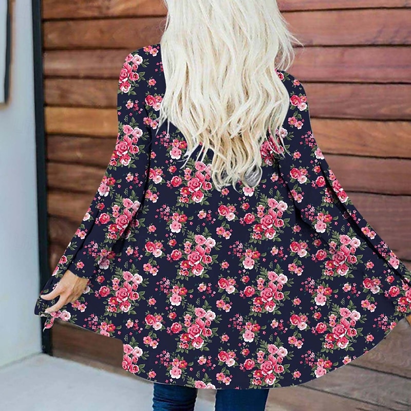 Women's Casual Jacket Warm Comfortable Irregular Hem Open Front Elegant Vintage Fashion Modern Floral Street Casual Athleisure Daily Long Collarless Loose Fit Long Sleeve Outerwear Pink Blue Purple