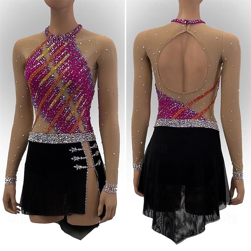 Figure Skating Dress Women's Girls' Ice Skating Dress Rose Red Patchwork Open Back Mesh Spandex High Elasticity Training Competition Skating Wear Classic Crystal / Rhinestone Long Sleeve Ice Skating
