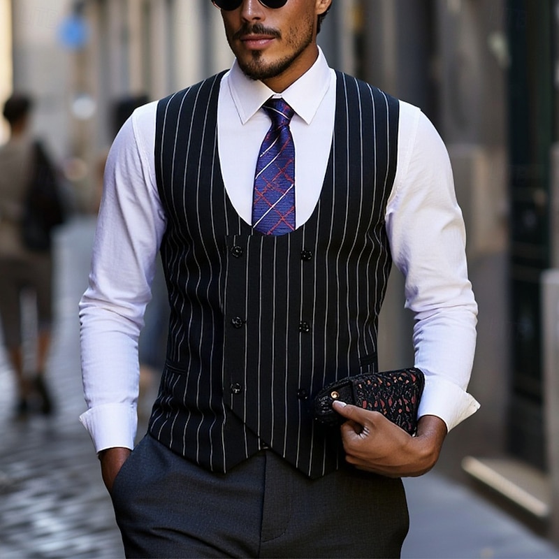 Men's Waistcoat Cocktail Attire Formal Casual Vintage Fashion Spring Spring &  Fall Buttons Polyester Comfortable Plain Striped Double Breasted U Neck Slim Fit Black Vest
