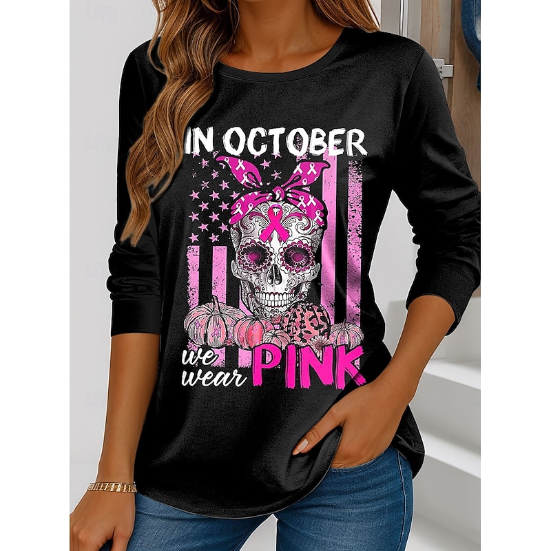 Halloween Women's T Shirt Skulls Long Sleeve Graphic Letter Vintage Fashion Stylish Long Sleeve Crew Neck Regular Tops Daily Weekend Print Pink Blue Orange Green Spring Fall Winter Prefall