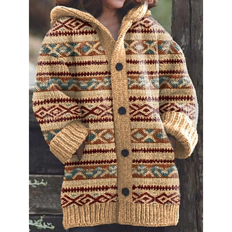 Women's Cardigan Vacation Vintage Daily Geometric Color Block Ribbed Hooded Knitted Print Front Pocket Long Sleeve Regular Tops Knit Outdoor Daily Holiday Yellow Red Fall Winter4