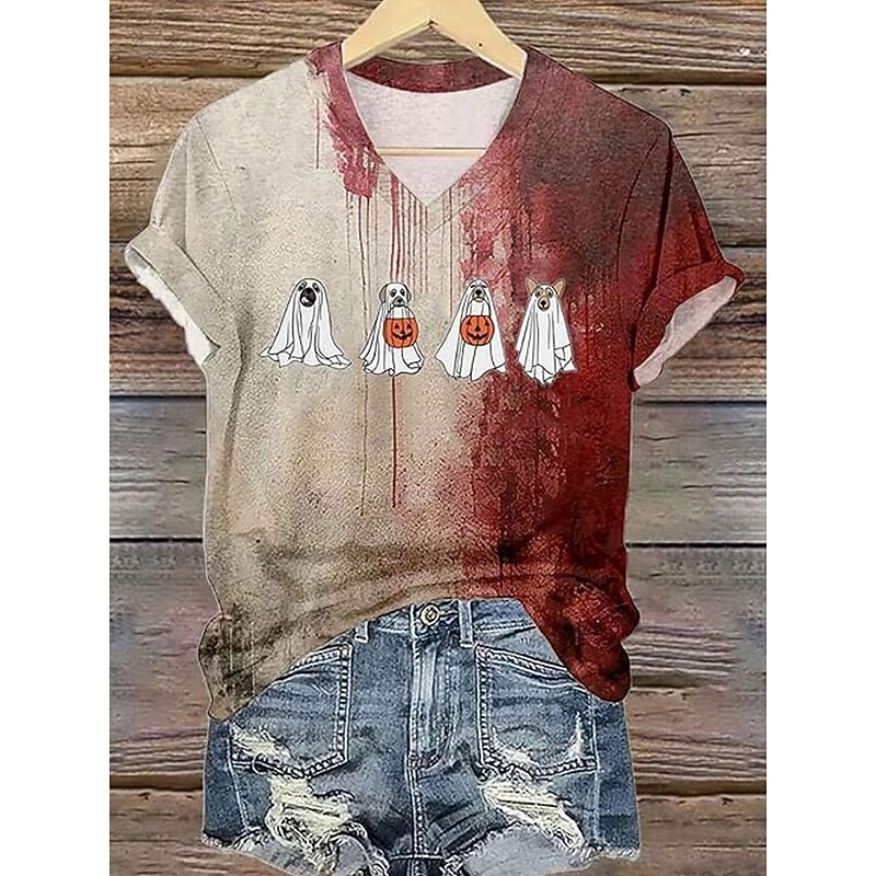Halloween Women's T shirt Ghost Graphic Vintage Stylish Classic Short Sleeve V Neck Regular Tops Daily Print Red Green Summer Spring2