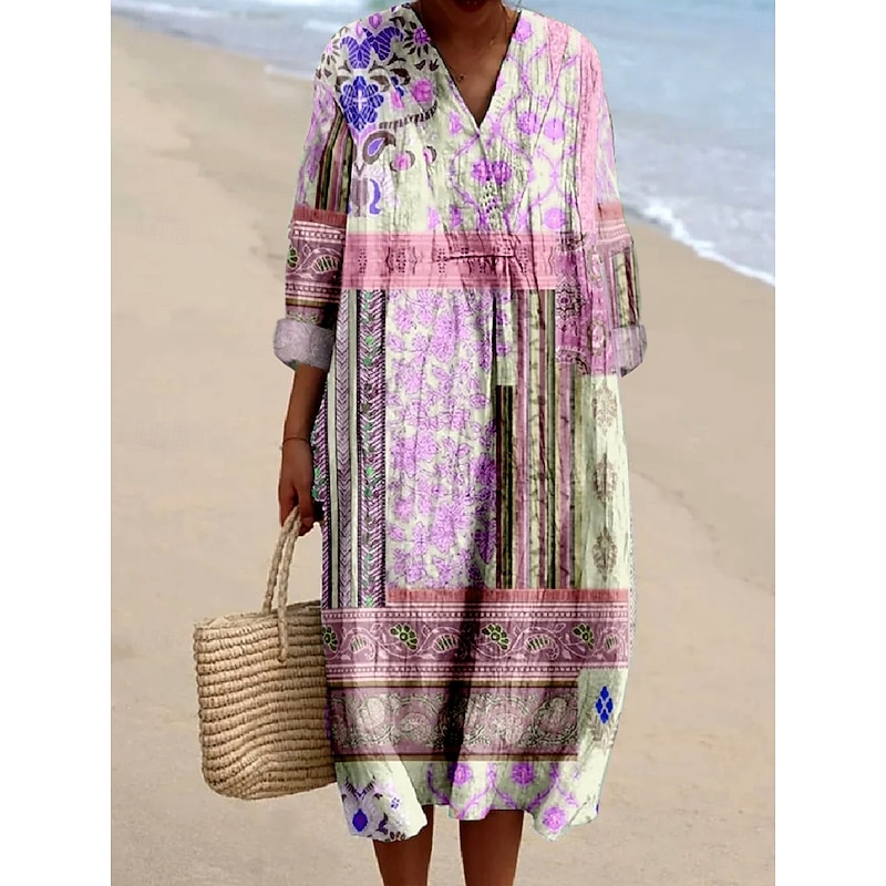 Women's Midi Dress Sundress A Line Dress Vacation Casual Boho Holiday Date Beach Loose Fit Floral Graphic Paisley Long Sleeve V Neck Light Pink Light Green Light Purple Summer Spring Fall4