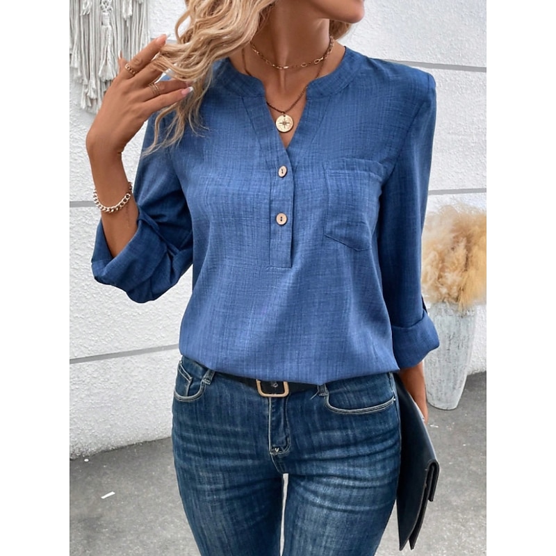 Women's Shirt Solid Color Stylish Casual Long Sleeve V Neck Regular Tops Daily Buttons Red Blue Gray Summer Spring Fall