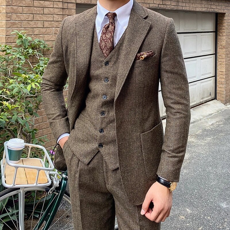 Men's Wedding Casual Business Suits Notch Lapel Brown Casual Solid Colored Tailored Fit 3 Piece Single Breasted Two-buttons