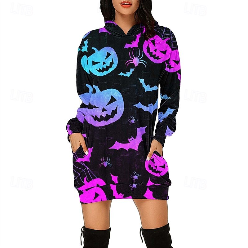 Women's Mini Dress Hoodie Dress Casual Dress Fashion Modern Outdoor Halloween Daily Regular Fit Pumpkin Long Sleeve Hooded Black Royal Blue Light Purple Purple Spring Fall