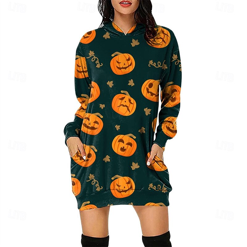 Women's Mini Dress Hoodie Dress Casual Dress Fashion Modern Halloween Daily Weekend Regular Fit Pumpkin Long Sleeve Hooded Yellow Blue Purple Green Spring Fall4